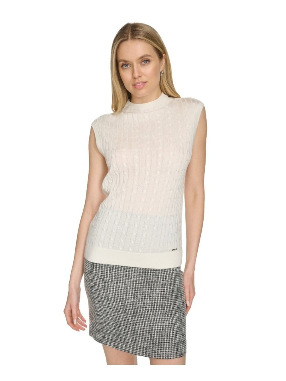 Calvin Klein Crewneck Cap-Sleeve Sweater Top Cream Petite Size PL $59 NEW